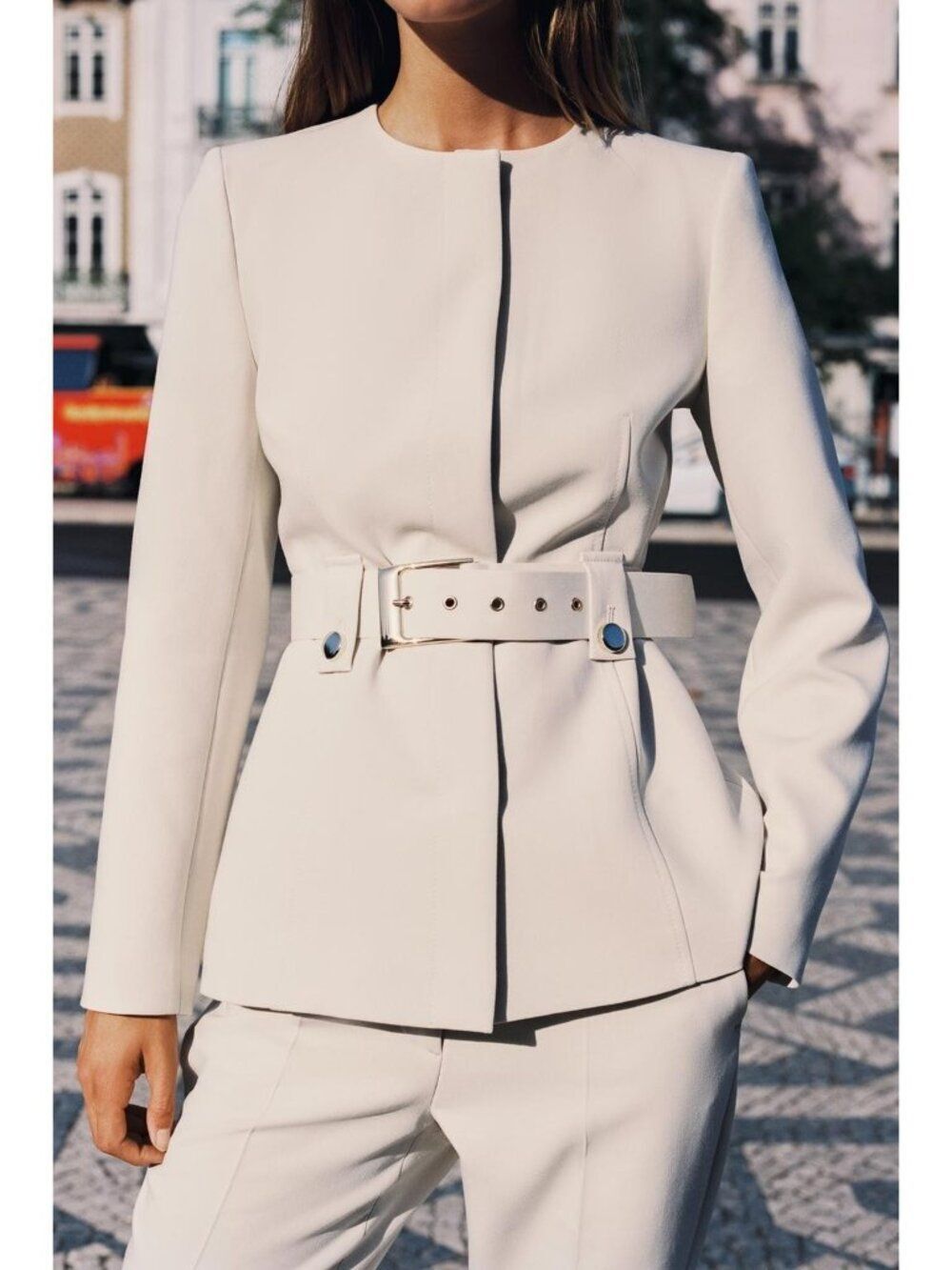 Zara Womens Fitted Belted Blazer Jacket M Ivory Ecru Round Neck 8585/593 NWT
